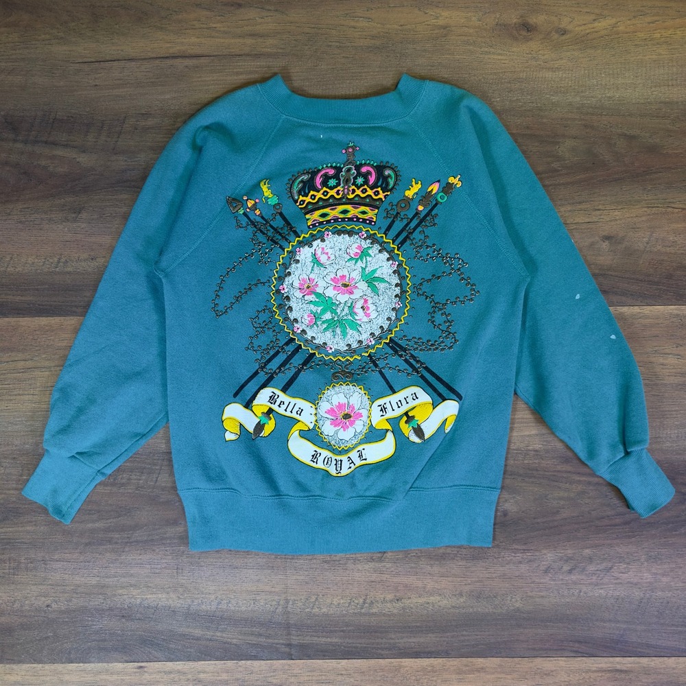 Vintage 80s Ultra Sweats Teal‎ Raglan Sweatshirt Bella Flora Royal Graphic Small